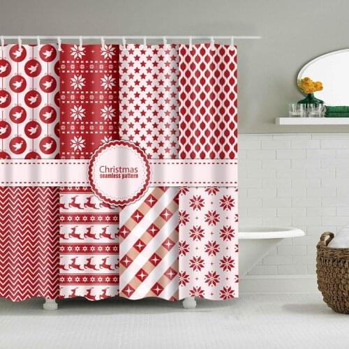 Christmas Shower Curtain Set with 12 Hooks Red Lattice Snowflake Waterproof Fabric