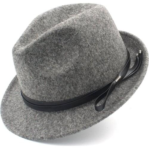 Fashion Women Men 100% Wool Fedora Hat For Elegant Lady Gentleman Trilby Felt Homburg Church Jazz Hat With Leather Size 56-58CM