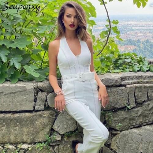 High Quality Elegant WomenS Belt Bandage Jumpsuit 2021 Summer Sexy Sleeveless Halter Backless Striped Celebrity Party Jumpsuit