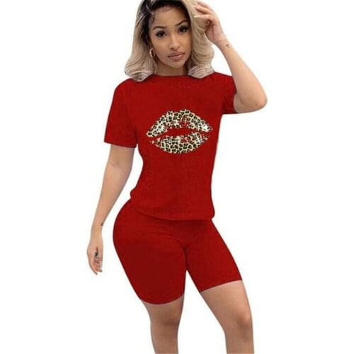 2 Pieces Set Tracksuit Women Summer T-Shirt O-Neck Short Sleeve Shirts Shorts Suit Sexy Leopard Lips Print Casual Female Outfit
