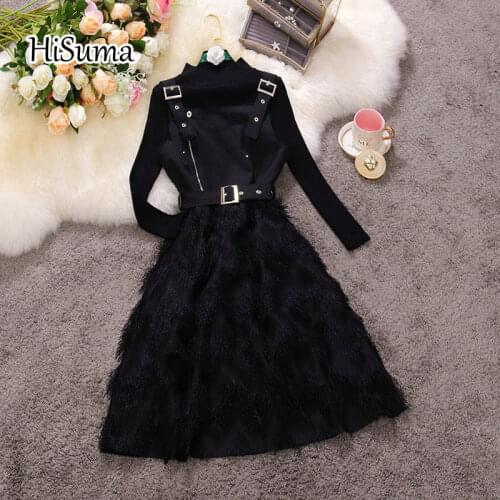 2021 spring new women half high neck knit shirt sweater + strap tassels waist A-line dress suit female two piece sets