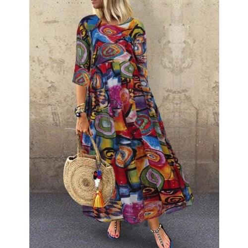 Half Sleeve Summer Women Dress 2021 Fashion Large Hem Vintage Harajuku Personality Print Loose Plus Size Female Long Dresses
