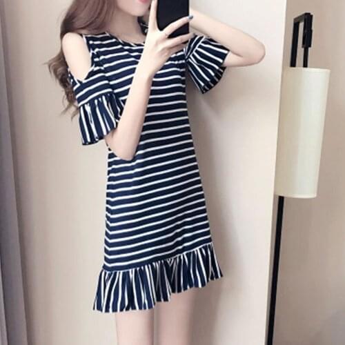 Summer Round Neck Short-sleeve Dress Striped Fashion Dresses 2021 Office Lady Elegant Butterfly Sleeve Straight Slim Dress