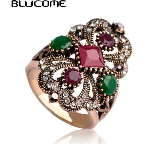 Blucome Luxury Vintage Flower Rings For Women Party Banquet Antique Turkish Rings Acrylic Anel Brand Finger Bijoux Resin Jewelry