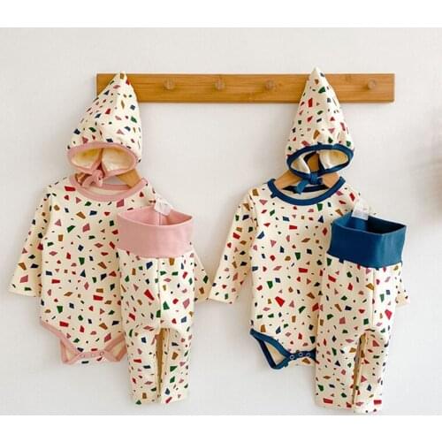 Toddler Girls Sets Color Polygon Printing Bodysuits+Pants+Hat 3pcs Suit Kids Girls Cotton Long Sleeve Casual Jumpsuits Clothing