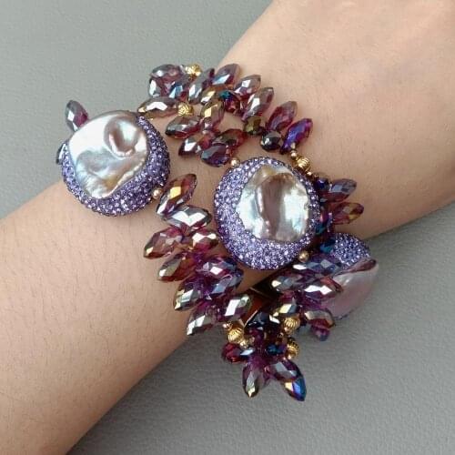 8" 3 Strands Purple Keshi freshwater Pearl faceted purple teardrop top-drilled Crystal Bracelet magnet clasp