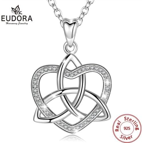Eudora new 925 Sterling Silver Celtics Knot Love Heart Pendant AAA CZ Charm Necklace Women Fine Jewelry Gift for Girlfriend D243