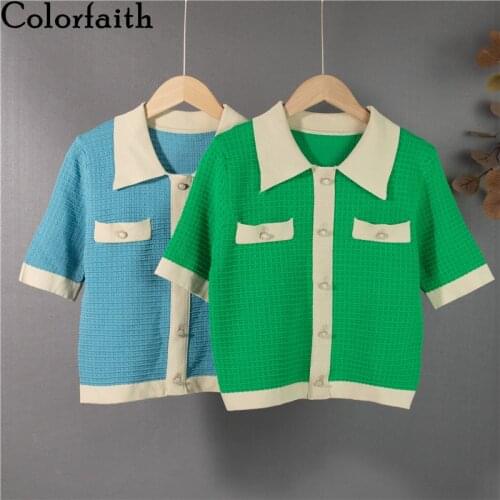 Colorfaith New 2021 Women Summer T-Shirt Y2K Baby Tees Turn-Down Collar Buttons Korean Style Vintage Wild Lady Short Tops T1342