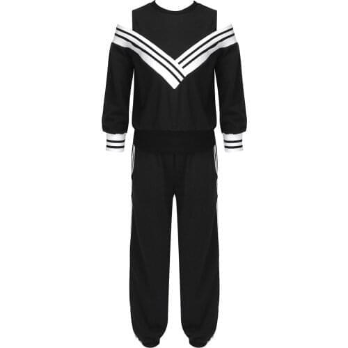 Kids Girls Tracksuit Outifts Open Shoulder Long Sleeves Top and Pants Spring Fashion Casual Wear Children Running Gym Exercise