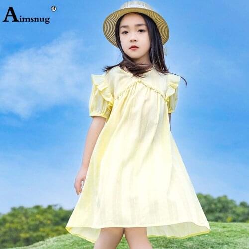 Children Elegant Sweet Ruffled Dress Kids Girls Lantern Sleeve A-line Party Dresses 2021 Knee-Length Princess Dress Yellow