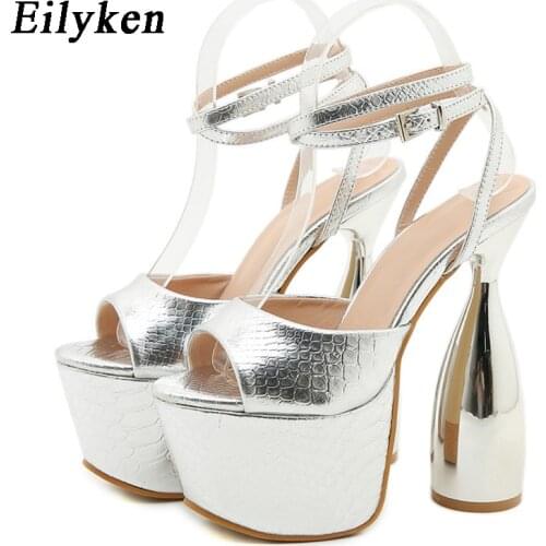 Eilyken 2021 New Fashion Serpentine Buckle Silver Sandals Strange High heel 17CM Club Female Platform Sandals shoes