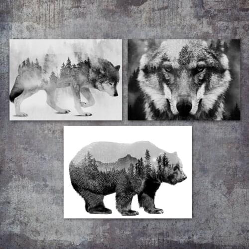 Nordic Style Canvas Modern Printed Bear Wolf Creative Landscape Poster Home Decor Painting Wall Art Picture Living Room Modular