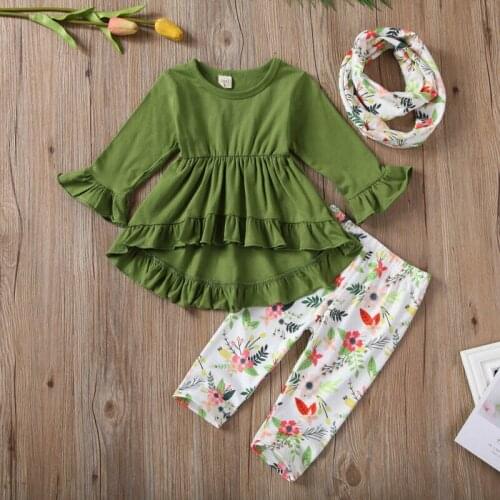 3Pcs Emmababy Flower Kids Baby Girl Tops Mini Dress+Leggings+Scarf Outfits Cotton Clothes Children New Fashion Clothes