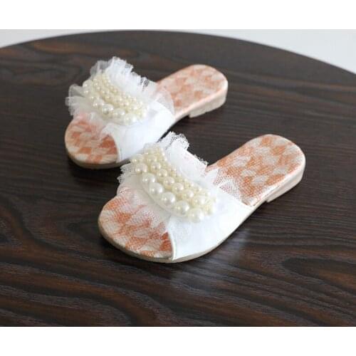 Summer Childrens Kids Mary Janes Sippers For Girls Pearls Lace Designer Flip Flops Kids Princess Dress Shoes 5 10 To 12 Years