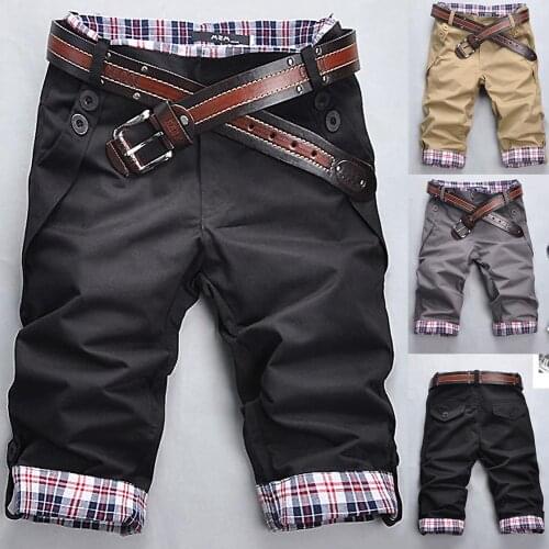 Men Vacation Summer Plaid Patchwork Pockets Buttons Fifth Pants Loose Beach Shorts Running Sports Pants Casual