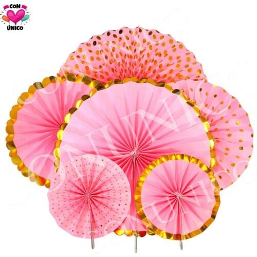 Conunico Set of 6 Hanging Paper Fans Pink Golden Foil Decoration Wedding Birthday New Year Party Baby Shower Events 80263