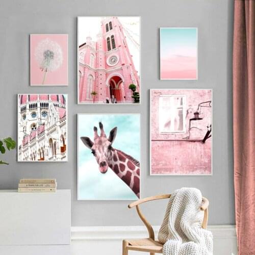 Dandelion Giraffe Desert Church Pink Wall Art Canvas Painting Nordic Posters And Prints Wall Pictures For Living Room Home Decor