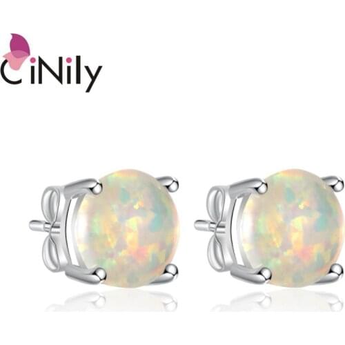 CiNily White & Pink & Red & Blue & Purple Fire Opal Round Stone Stud Earring Silver Plated Simple Mini Summer Jewelry Girl Woman