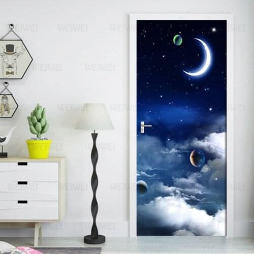 Blue Starry Moon Door Sticker PVC Self-adhesive Waterproof DIY Detachable Decal Wallpaper Living Room Bedroom Door Decor Poster