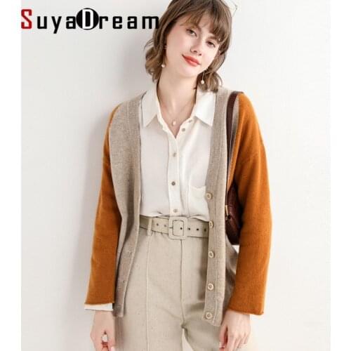 SuyaDream Woman Warm Cardigan Single Breasted 100%Wool V Neck Casual Sweaters 2021 Autumn Winter Outwears Grey