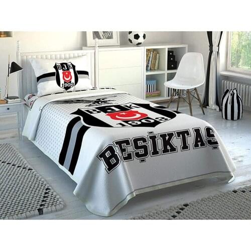 TAC 100% Cotton Single Size 3 pieces Pique Coverlet Set with Licensed Characters for Children and Teenagers - Besiktas Striped