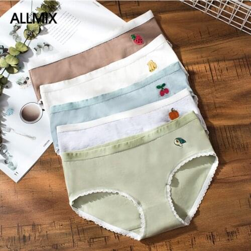 ALLMIX Cute Cartoon Embroidery Womens Cotton Panties Underwear Seamless Briefs Mid Waist Comfort Soft Breathable Lady Lingerie