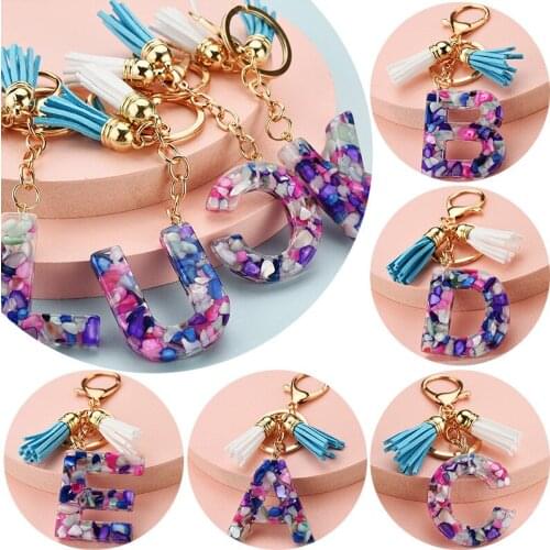 Creative Keyrngs Letter Alphabet Crystal Arylic Liquid Keychain Women Cute Key Chains Car Bag Tassels Pendant Charm Gift