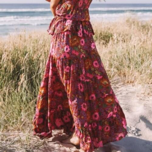 Happie Queens fashion Hippie women beach Bohemian red floral print skirt High Elastic Waist A-Line Boho Maxi Skirt Femme