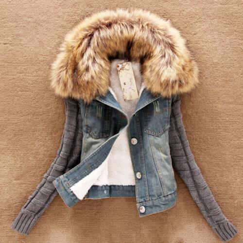 Pop autumn and winter new style Womens Fur collar Coats Outwear high-quality Big fur collar wool sleeves denim jacket female