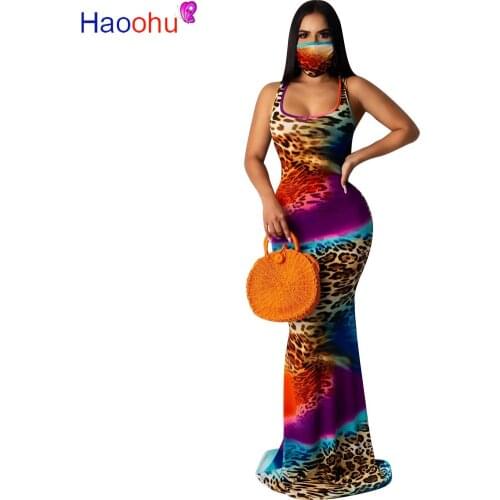 HAOOHU Leopard Tie Dye Print Mermaid Long Dress Women Scoop Neck Sleeveless Boho Beach Dress Vintage High Waist Backless Dress