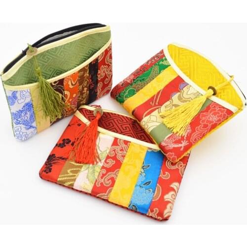 10pcs Chinese Style Patchwork Jewelry Gift Bag Zipper Coin Purse Silk Brocade Jewellery Pouches Tassel Storage Crafts Packaging