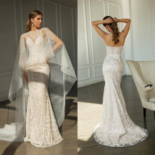 2021 Lace Wedding Dresses with Wrap Spaghetti Strap Applique Mermaid Bridal Gowns Custom Made Backless Sweep Train Wedding Dress