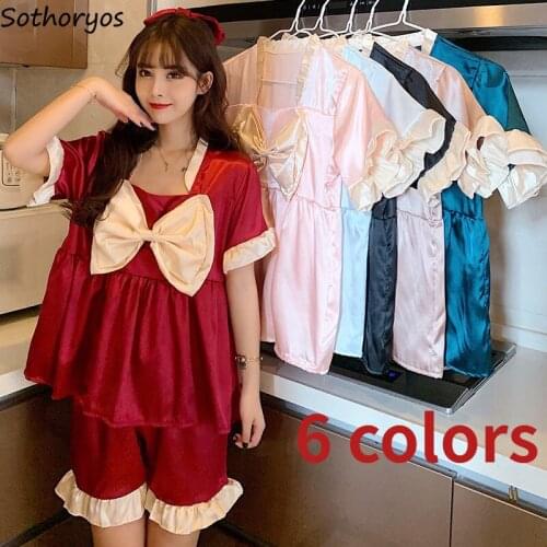 Women Pajama Sets Short Sleeve Patchwork Ruffles Sweet Bow Square Collar Retro Fairy Trendy Ulzzang Lovely Elegant Lounge Wear
