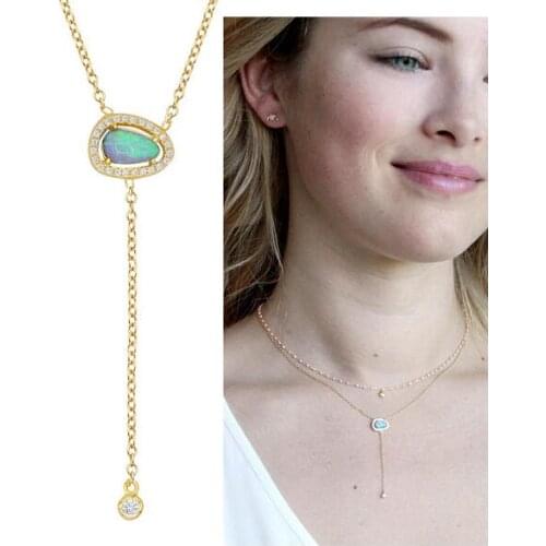 European Hot Selling Jewelry Tear Drop Fire Opal Stone Gold Filled Micro Pave Bling 5A CZ Wedding Gift Sexy Lariat Y Necklace