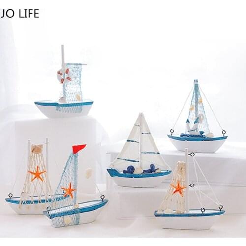 JO LIFE Home Decoration Kids Toys Crafts Mediterranean Style Marine Nautical Wooden Blue Sailing Boat Ship Ornament