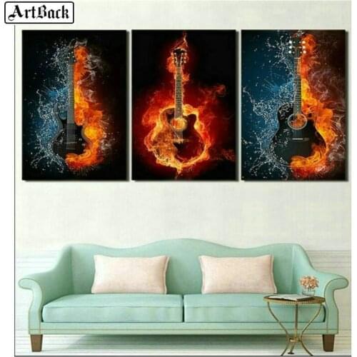 ArtBack three fight 5d diamond painting guitar ice fire music picture full square diy 3d diamond mosaic landscape wall sticker