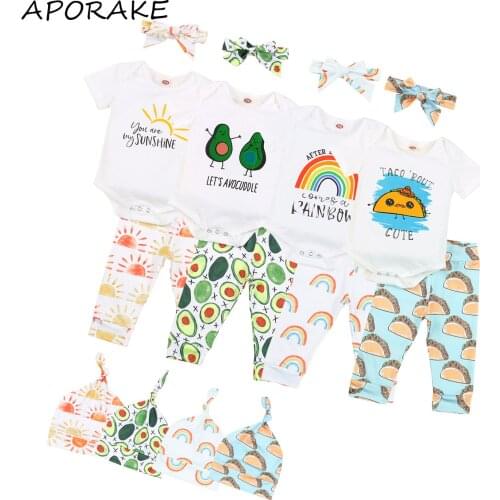 2021 0-18M Baby Girl Boy Clothing Summer Casual Outfits Hamburger/Avocado/Rainbow/Sun Print Short Sleeve Romper+Long Pants 4pcs