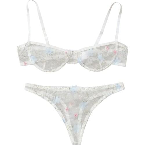 2021 New Erotic Underwear Flower Applique Embroidered Thong With Steel Ring Bra Women Sexy Perspective Bodysuit Lingerie Set