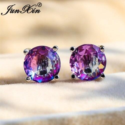 Mystical Crystal Round Stud Earrings For Women Silver Color Purple Yellow Pink Zircon Stone Rainbow Earrings Wedding Jewelry
