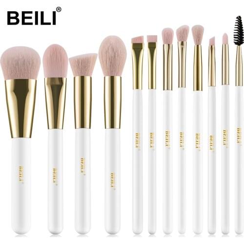 BEILI Pearl White Professional 12pcs Makeup Brushes Foundation Brow Blending Eyeshadow Make Up Brush Set Vegan Synthetic Hair
