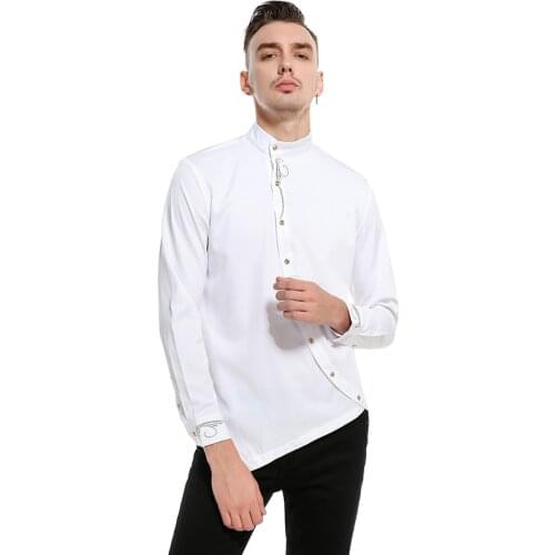 Spring Mens New Fashion Long Sleeve Shirt Embroidery Declining Buttons Stand Collar Solid Color Casual Shirts Men Clothing Tops
