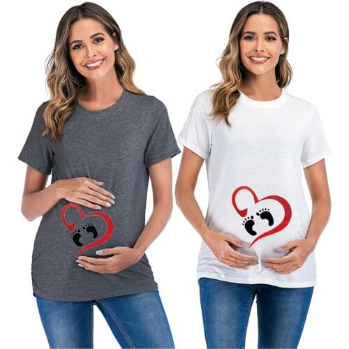 Pregnancy Shirts Women Maternity Short Sleeve O-neck Loving Footprints Print T-shirt Tops Pregnancy Casual Summer Pregnant Women