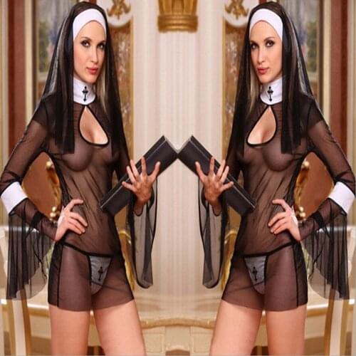 Cosplay Nun Sexy Lingerie Gauze Veil Perspective T-back Pagoda Sleeve Halloween Costume Dress Couple Flirting Woman Dress 1