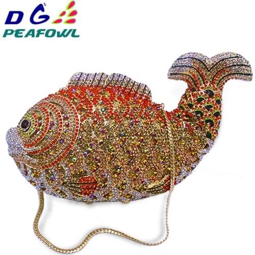 Stylish Animal Luxury Crystal Studded Evening Bag Fish Rhinestone Lady Clutch Banquet Bag Lovely Gold Party Purse pochette