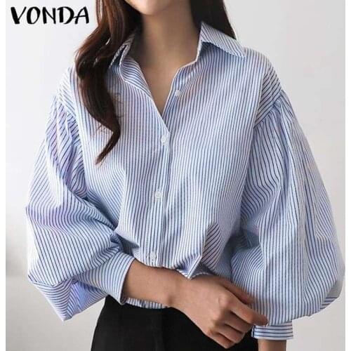VONDA Women Striped Blouse Casual Turn-down Collar Shirts Office Ladies Shirts Tops 2021 Female OL Tunic Vintage Solid Blouse