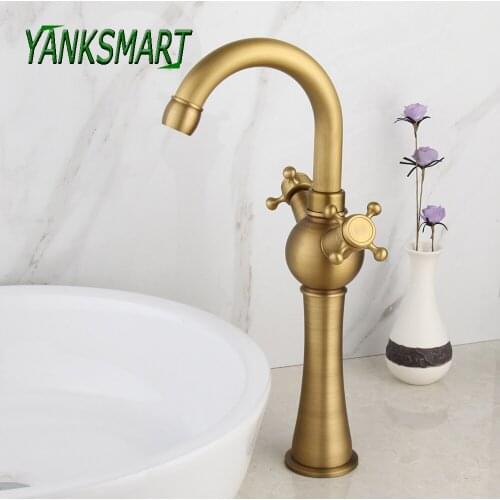 YANKSMART Antique Brass Tall Bathroom Faucet Dual Handles Deck Mounted Basin Sink Bathtub Faucet Washbasin Mixer Water Tap