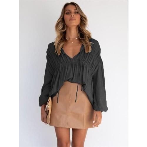 Women Cute Solid Color Tied-Up V-Neck Long Puff Sleeves T-Shirt Loose Ruffle Top For Spring Autumn