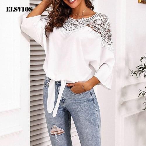Bowknot Chiffon Shirt 2021 Spring Summer Fashion Casual Hook Flower Hollow Blouse Womens O-Neck 3/4 Sleeve Solid Color Clothing
