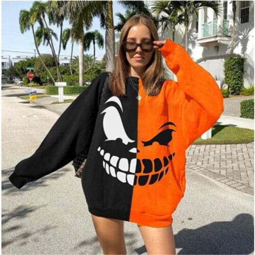 Halloween Sweatshirts Ladies Long Sleeve Hoodie Autumn Girls Creative Teeth/Skull Printing Matching Round Collar Loose Tops