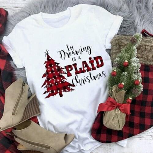 Women tops christmas T Shirt women print PLAID tree white tshirt women vogue short sleeve clothes female casual christmas tshirt